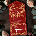 Scarlet Red Royal Medieval Sword Wedding  All In One Einladung<br><div class="desc">Celebrate your special day with this Royal Medieval Sword Wedding design. The design on the back of the invite is NOT real gold foil. You can customize this further by clicking on the "PERSONALIZE" button.</div>