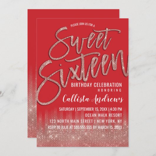 Scarlet Rose Gold Glitzer Typografie Sweet 16 Einladung (Vorne/Hinten)