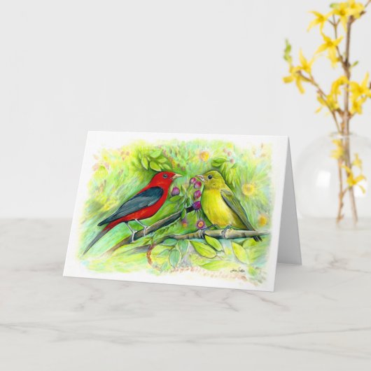 Scarlet Tanagers Aquarell Happy Birthday Karte (Gelbe Blume)