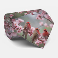 "Scarlet Trio: Rote Finken unter rosa Blüten"