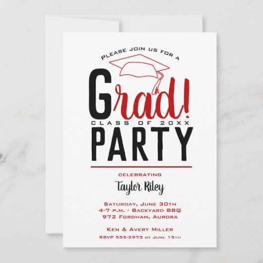 Scarlet und Black Graduation Party Einladung (Vorderseite)