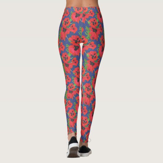 Scarlet und Black Oriental Poppies Muster auf blau Leggings (Rückseite)