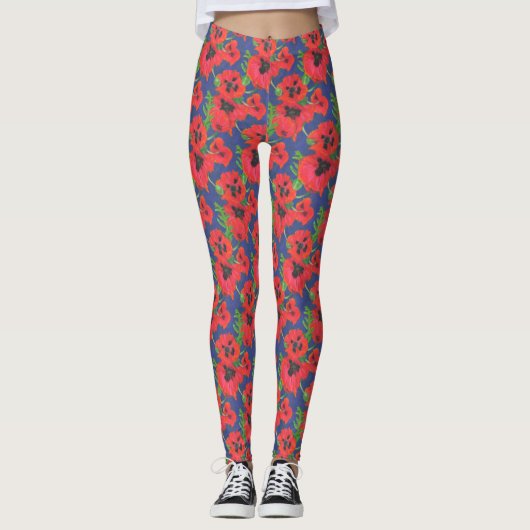 Scarlet und Black Oriental Poppies Muster auf blau Leggings (Vorderseite)
