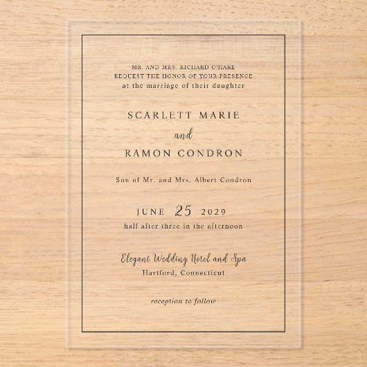Scarlett Border Elegante Hochzeit Acryleinladungen (Vorderseite)