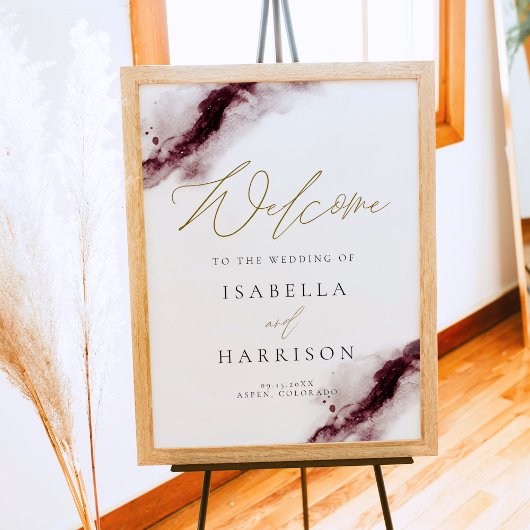 SCARLETT | Burgundy Watercolor Splash Gold Welcome Poster