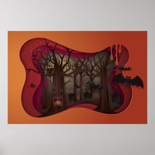 Scary Halloween Papercut Tree in Graveyard Poster (Vorne)
