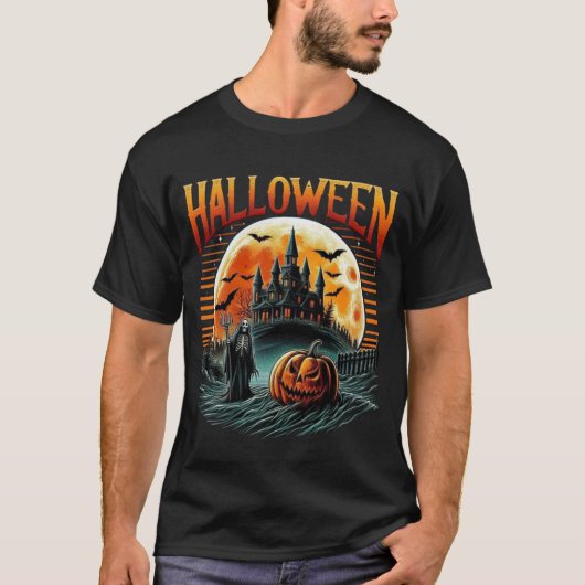 Scary Moonlit Haunted Castle Grim Reaper Halloween T-Shirt (Vorderseite)