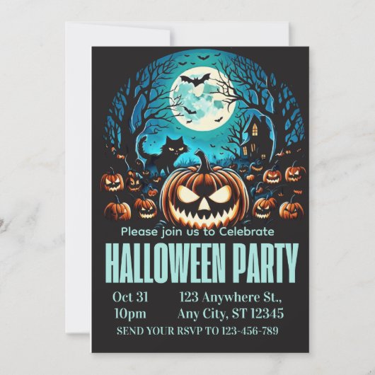 Scary Pumpkin Moonlit Halloween Party Invite Einladung (Vorderseite)