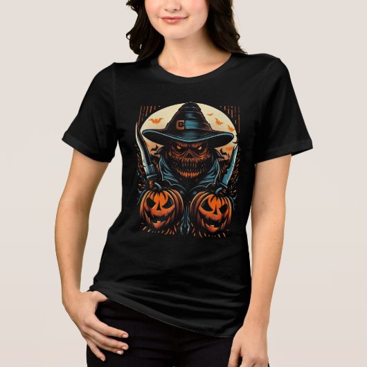 Scary Pumpkin Scarecrow & Knives Halloween Killer Tri-Blend Shirt (Vorderseite)