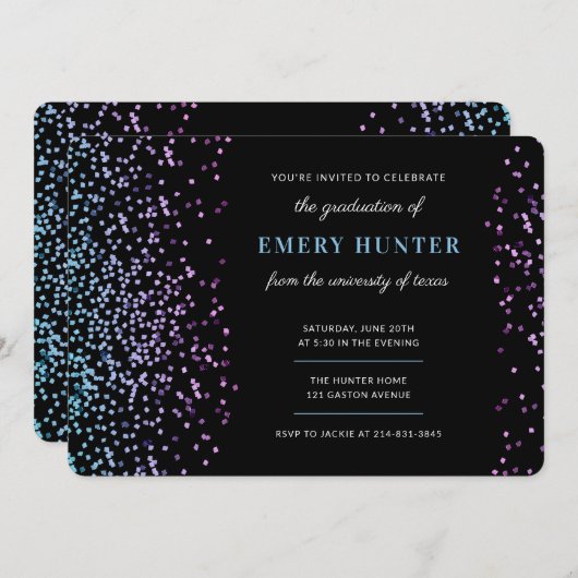 Scatter Glitzer Blau und Lila Abschluss Einladung (Vorne/Hinten)