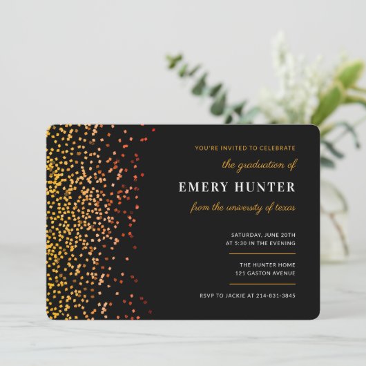 Scatter Glitzer Gold und Orange Abschluss Einladung (Stehend Vorderseite)