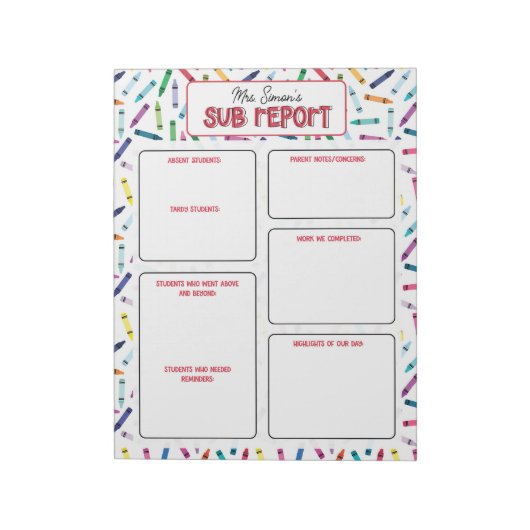 Scattered Crayons Substitute Teacher Report Note Notizblock (Rotiert)