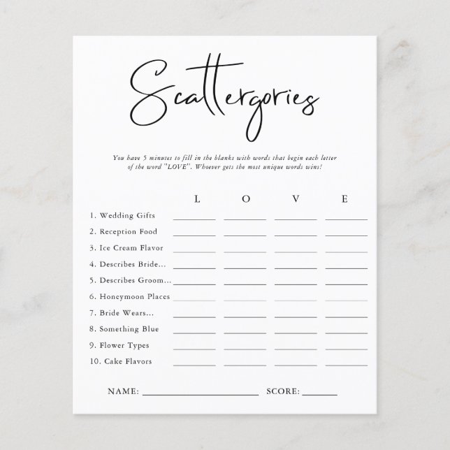 Scattergories | Brautparty Game (Vorderseite)