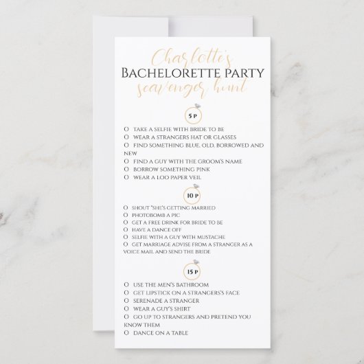 Scavenger Hunt Junggeselinnen-Abschied Gold gPhoto Karte (Vorderseite)