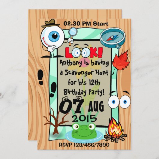 Scavenger Hunt Themed Kids Party Einladung (Vorne/Hinten)