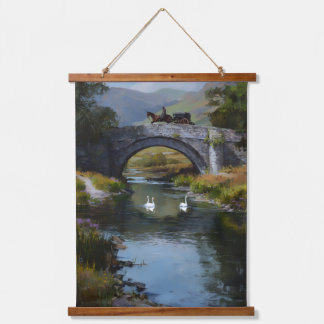 Scene of horse carriage on a bridge over stream wandteppich mit holzrahmen