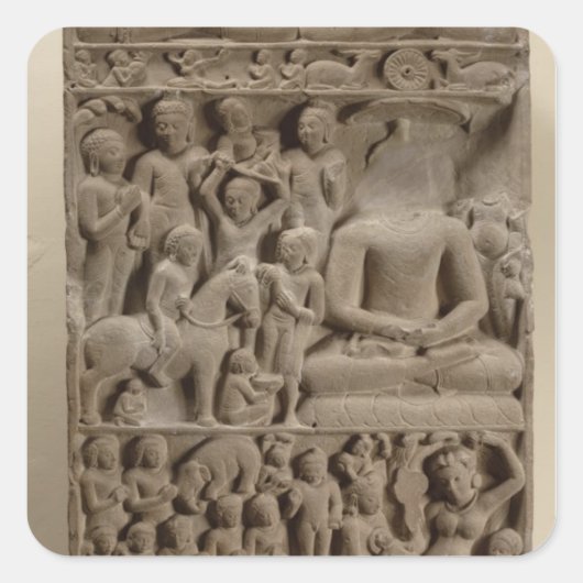 Scenes from Buddha's life, Sarnath, Uttar Pradesh Quadratischer Aufkleber (Vorderseite)