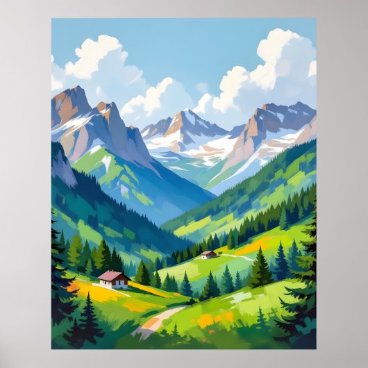 Scenic Alpine Landscape – Lush Valley and Snow Poster (Vorne)