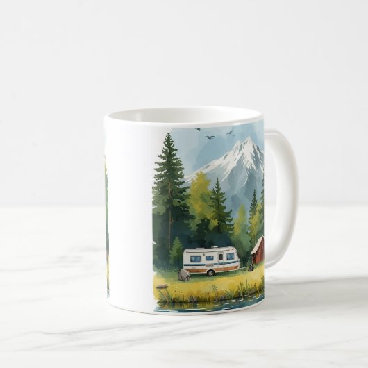 Scenic Caravan Camping Illustration Mug Kaffeetasse (VorderseiteRechts)