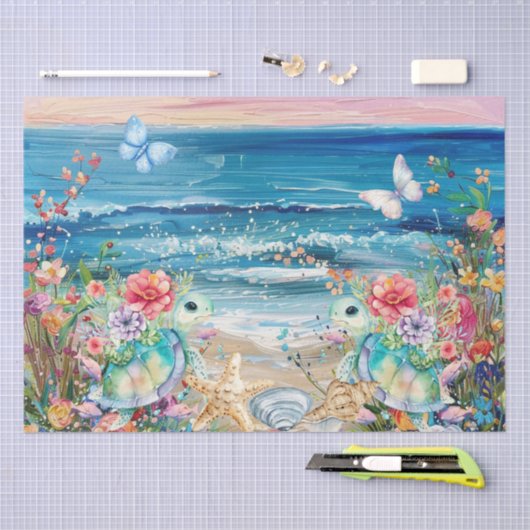 Scenic Coastal Floral Sea Turtles Decoupage  Seidenpapier (Handwerk)