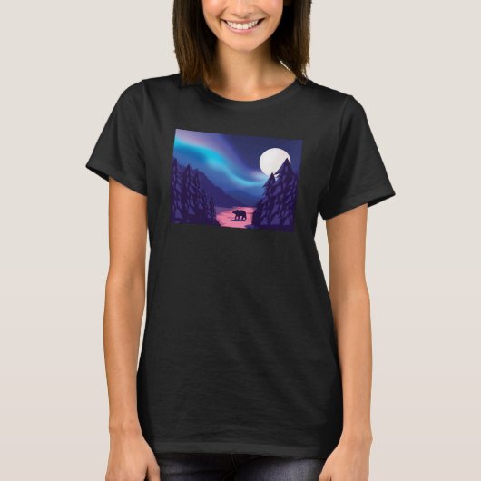 Scenic Polar Bear Silhouette With Moon and Aurora  T-Shirt (Vorderseite)