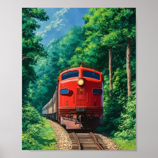 Scenic Red Locomotive Train Mountain Forest Poster (Vorne)