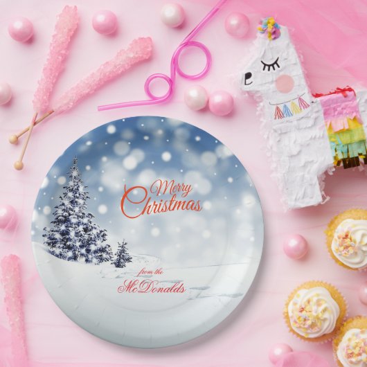 Scenic Snow and Christmas trees Personalize Pappteller (Party)