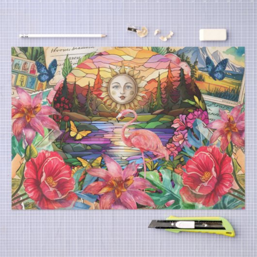 Scenic Tropical Stained Glass Flamingo Decoupage Seidenpapier (Handwerk)