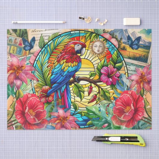Scenic Tropical Stained Glass Red Macaw Decoupage Seidenpapier (Handwerk)