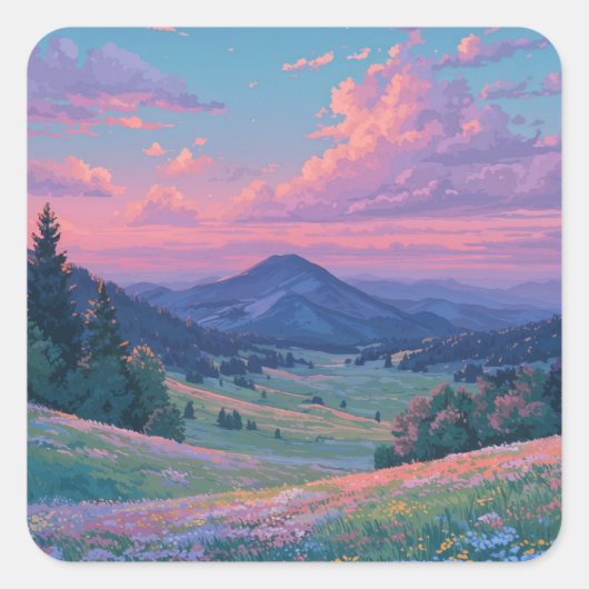 Scenic Wildflower Valley and Mountain Peak Quadratischer Aufkleber (Vorderseite)