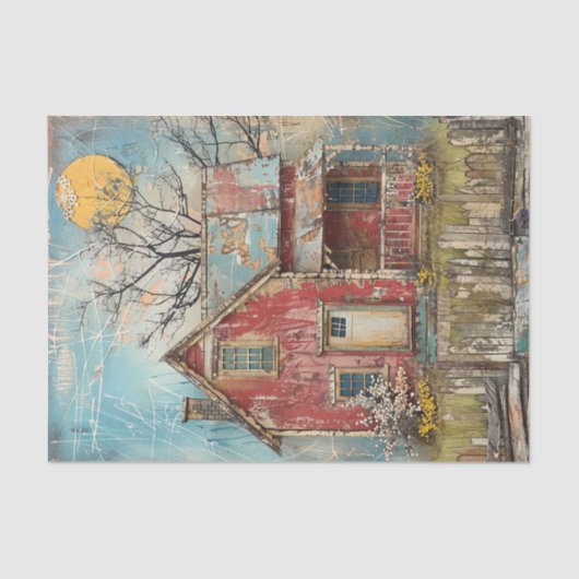 SCHABBAR ROTES FARMHAUS GEMISCHTES MEDIENDECOUPAY SEIDENPAPIER (Vorderseite)