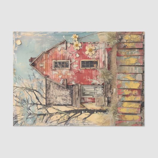 SCHABBAR ROTES FARMHAUS GEMISCHTES MEDIENDECOUPAY SEIDENPAPIER (Vorderseite)