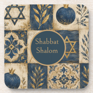 Schabbat-Schalom-Unterlage, Navyblau Gold Judaica, Getränkeuntersetzer