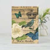 schäbige Eleganz der Kronenvogel Musiknoten-Rose Einladung (Stehend Vorderseite)