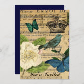 schäbige Eleganz der Kronenvogel Musiknoten-Rose Einladung (Vorne/Hinten)