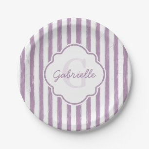 Schäbige lila gestreifte Monogramm und Name Pappteller