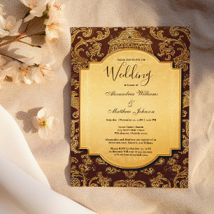 Schäbige vintage braune goldene florale Damast-Hoc Einladung