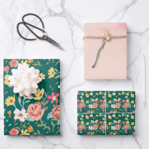 Schäbiges Rosa Grün Garten Geschenkpapier Set