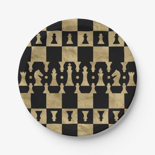 Schach-Stück-Muster - Schwarzes und Gold Pappteller (Vorderseite)