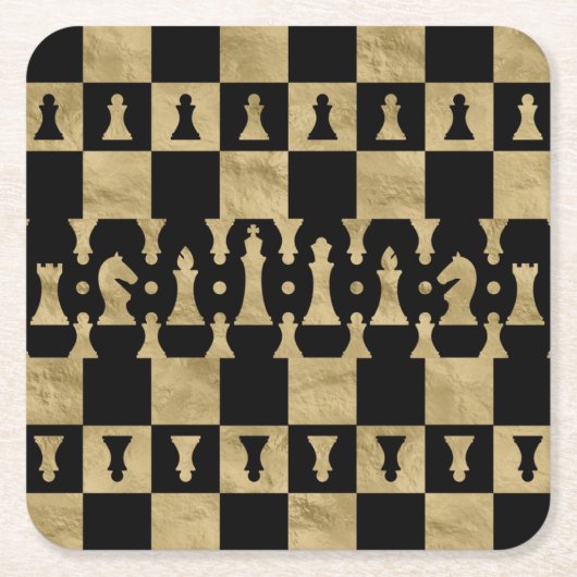 Schach-Stück-Muster - Schwarzes und Gold Rechteckiger Pappuntersetzer (Vorderseite)