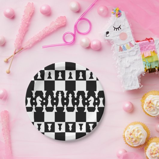 Schach-Stück-Muster - Schwarzweiss Pappteller (Party)