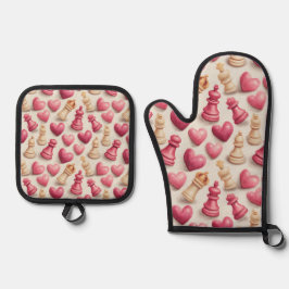 Schach- und Herz-Valentinsmuster Ofenhandschuh & Topflappen-Set