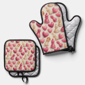 Schach- und Herz-Valentinsmuster Ofenhandschuh & Topflappen-Set (Vorderseite/Rückseite)
