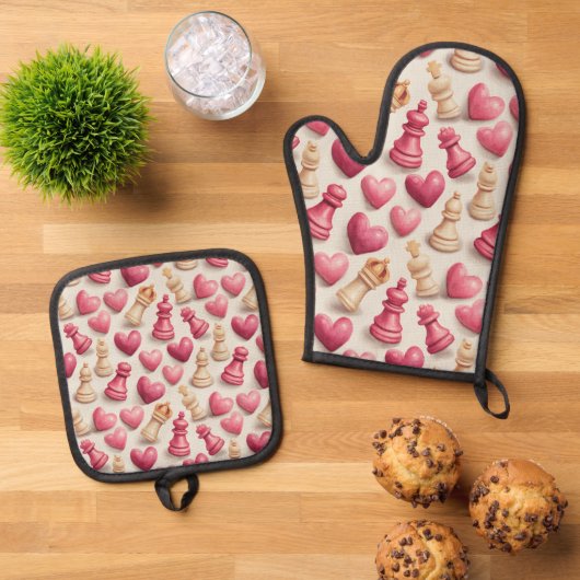 Schach- und Herz-Valentinsmuster Ofenhandschuh & Topflappen-Set (Oben Unten)