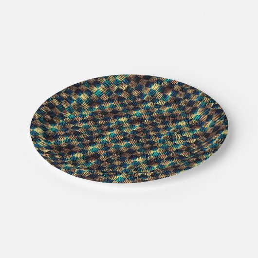 Schach und Kratzeffekt, blau und gelb Pappteller (Schrägansicht)