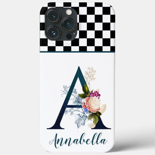 Schachbrett-Fancy-Blumenmonogramm Buchstabe A Case-Mate iPhone Hülle (Rückseite)