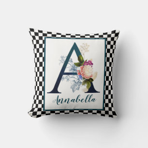 Schachbrett-Fancy-Blumenmonogramm Buchstabe A Kissen