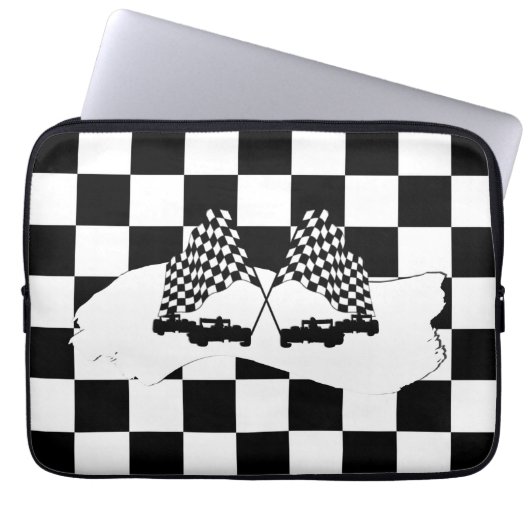 Schachbrett-Flagge und Rennwagen Laptopschutzhülle (Vorderseite)