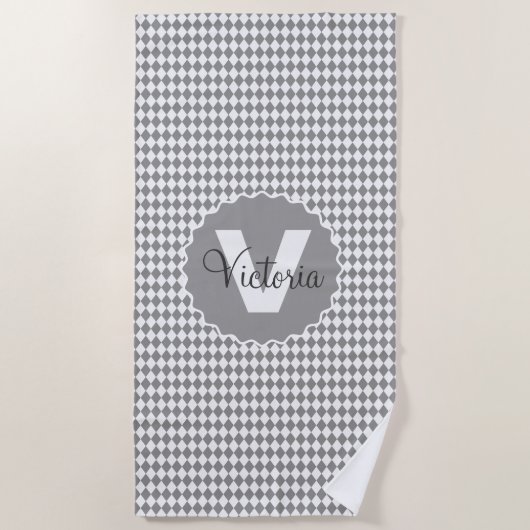 Schachbrett Graustufen mit Monogramm Name Strandtuch (Vorderseite)
