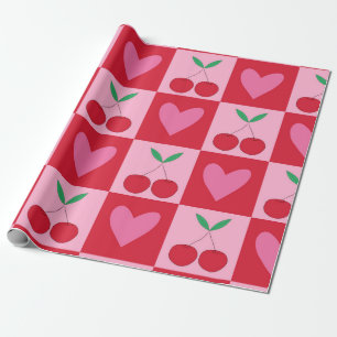 Schachbrett-Kirschen mit rosa Herzen Muster Geschenkpapier